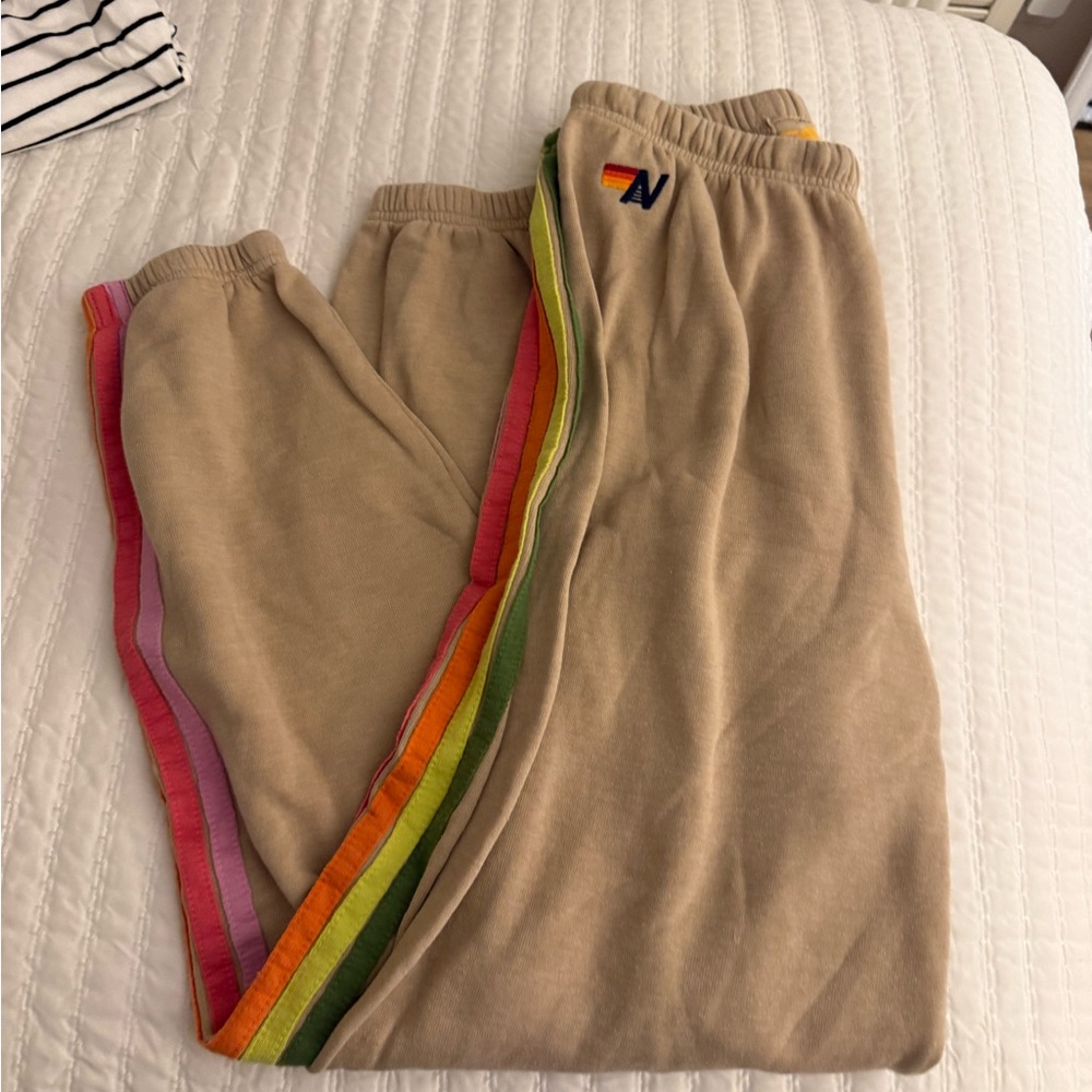 Aviator Nation Tan Joggers with Rainbow Stripes